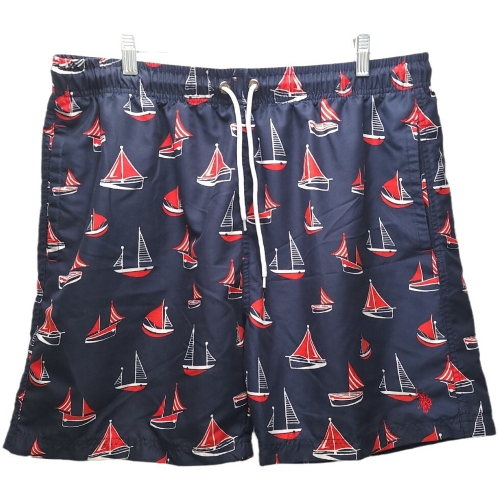 US Polo Assn Mens XL Blue Boat Short Swim Trunks Lined Sailboat Theme